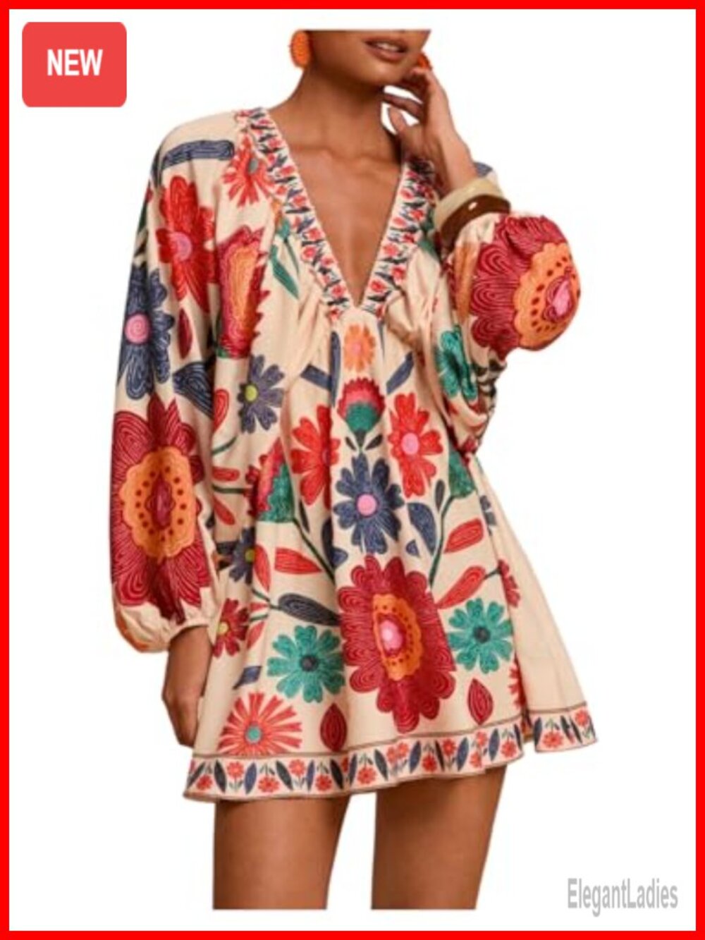 Boho Floral V Neck Mini Dress Bishop Sleeve Casual Shift